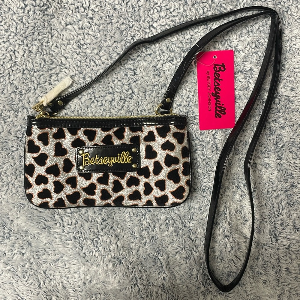 Betsey Johnson Heart Flocked Silver Crossbody Bag